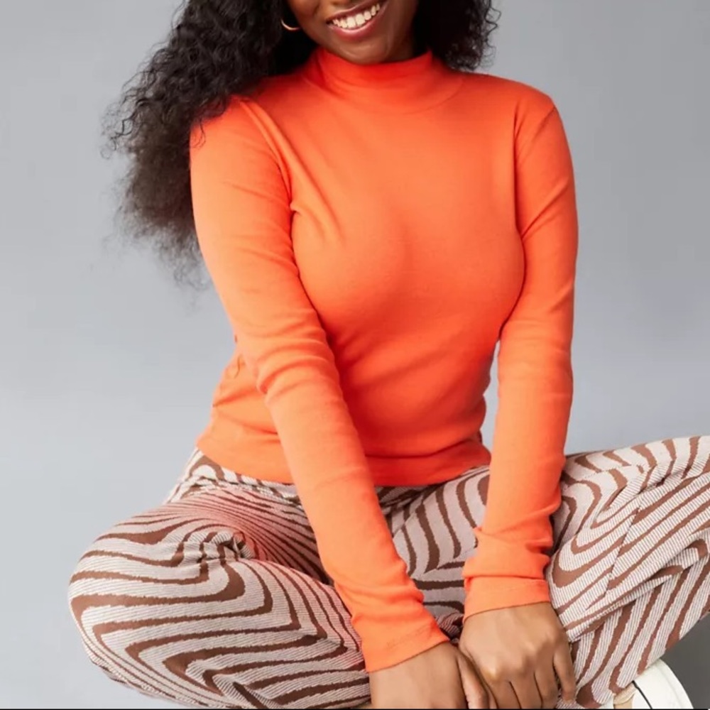 BDG Thin Cotton Turtleneck - Orange Long Sleeve Top